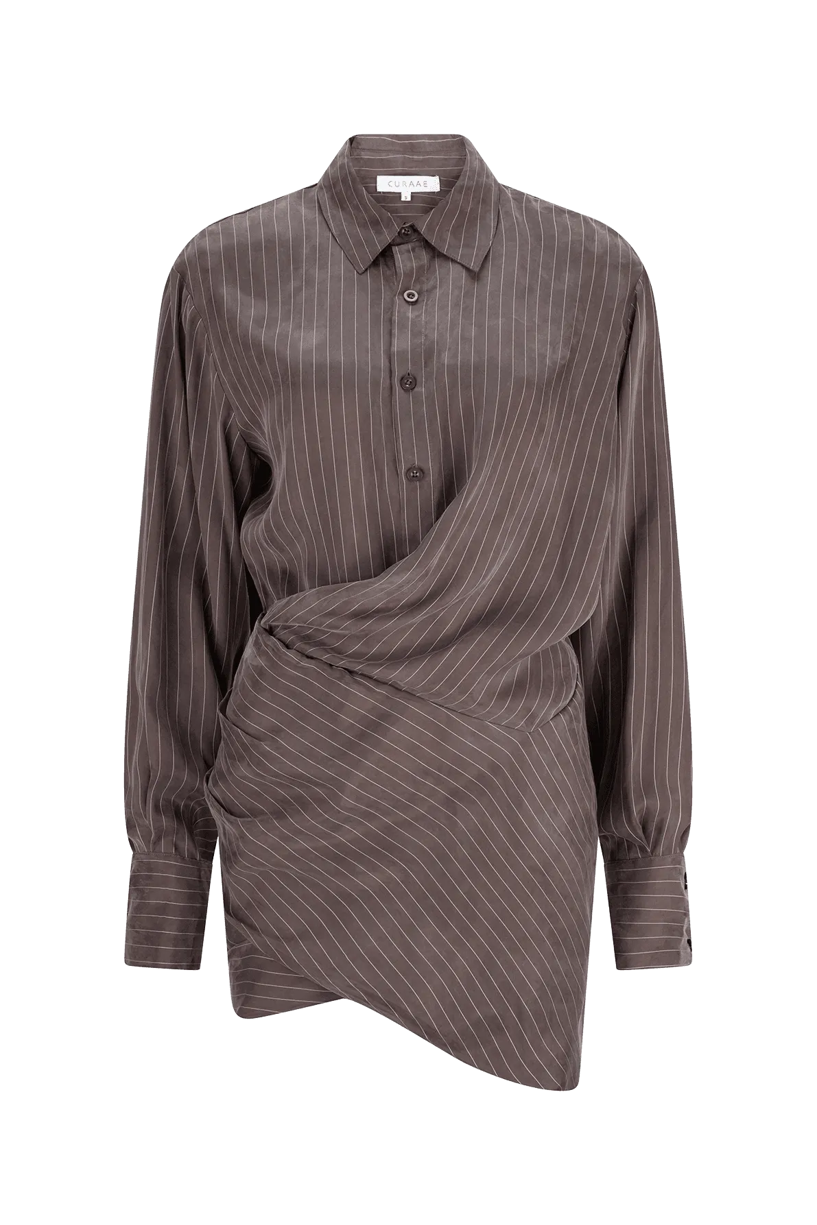 CURAAE Grace Mini Pinstripe Drape Button Down Shirt Dress In Grey