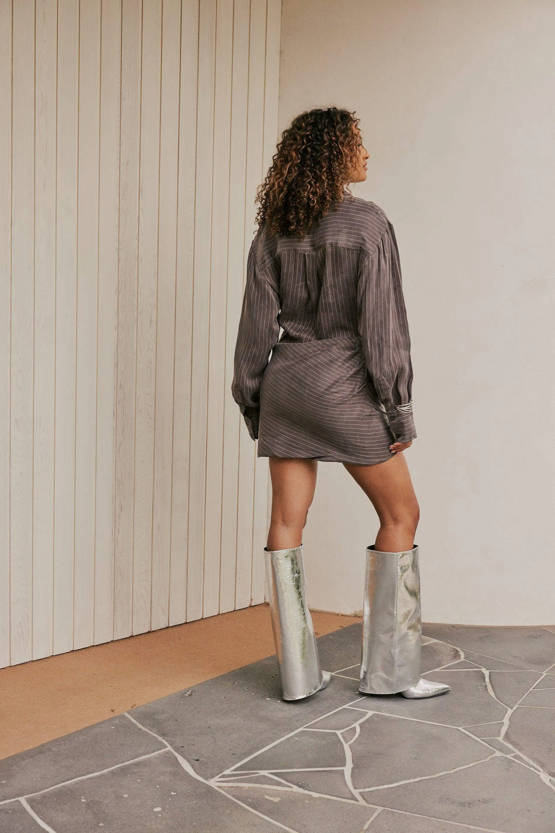 CURAAE Grace Mini Pinstripe Drape Button Down Shirt Dress In Grey