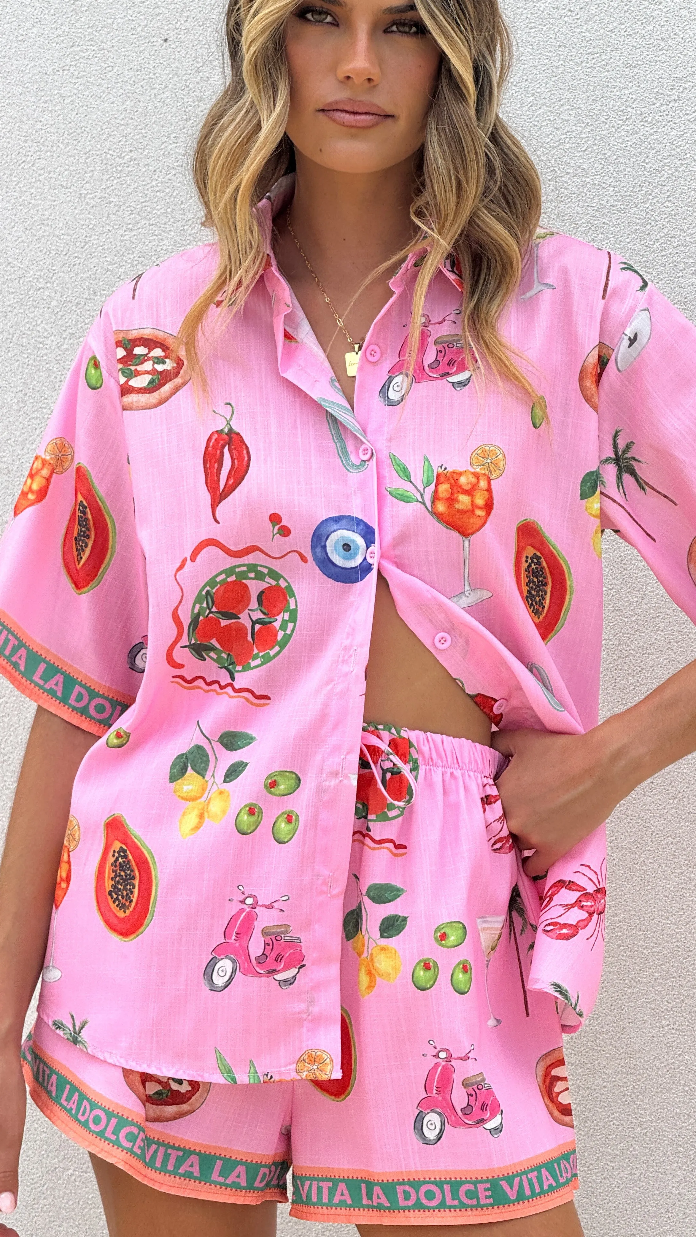 Dolce Vita Button Up Shirt and Shorts Set - Pink