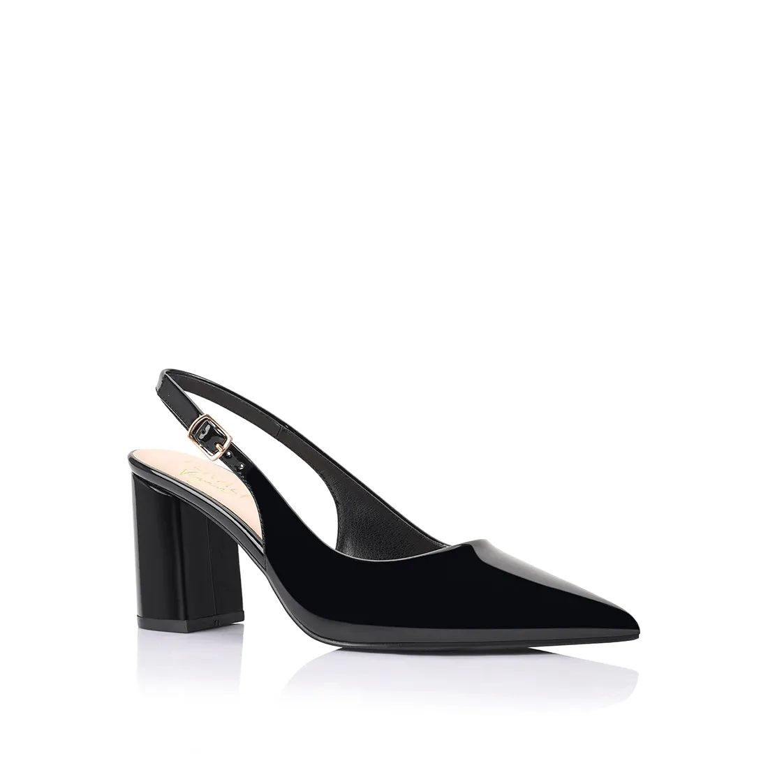 Elio Slingback Block Heels - Black Patent