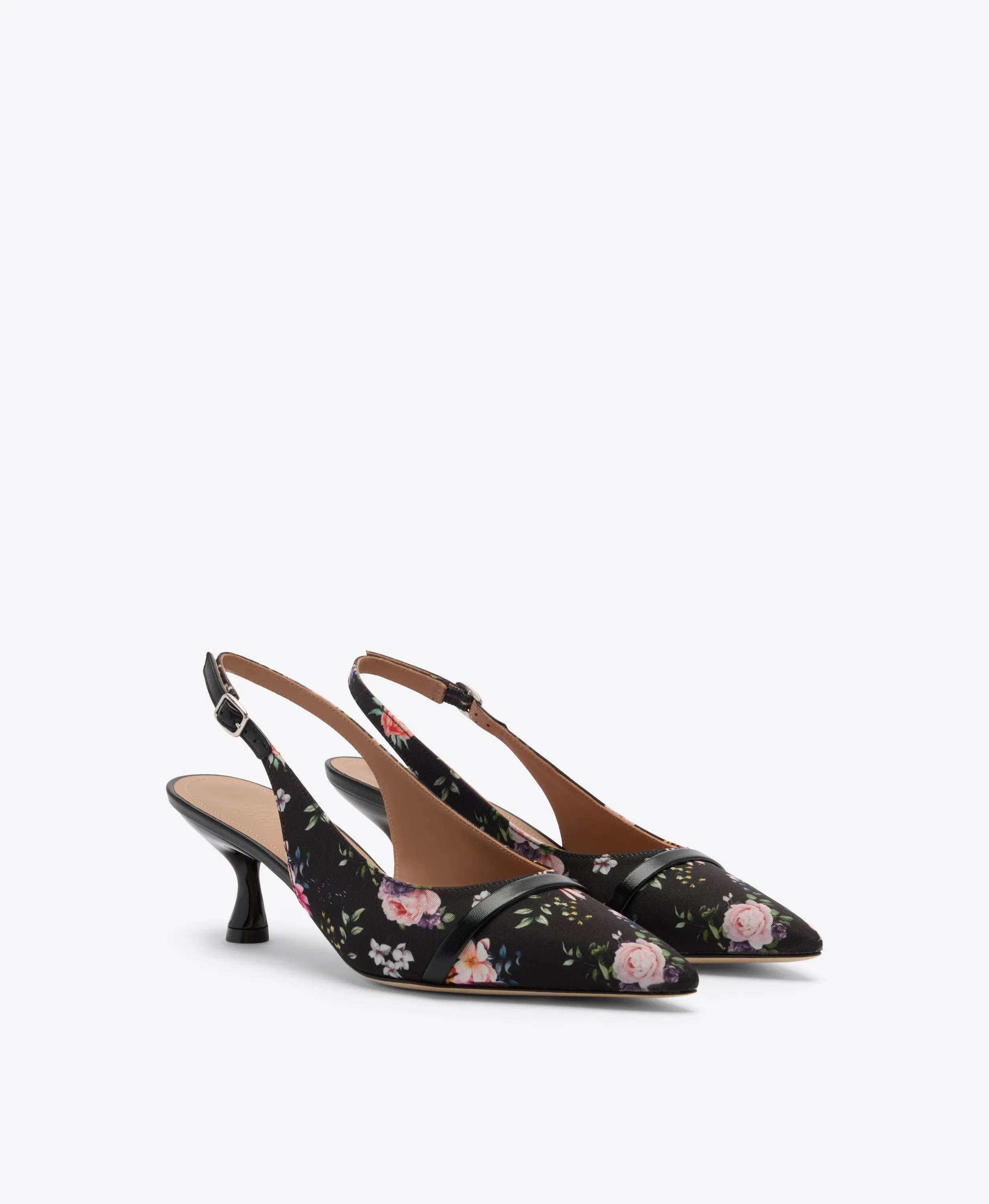 Jama 45 Black Floral Grosgrain Kitten Slingbacks
