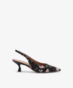 Jama 45 Black Floral Grosgrain Kitten Slingbacks