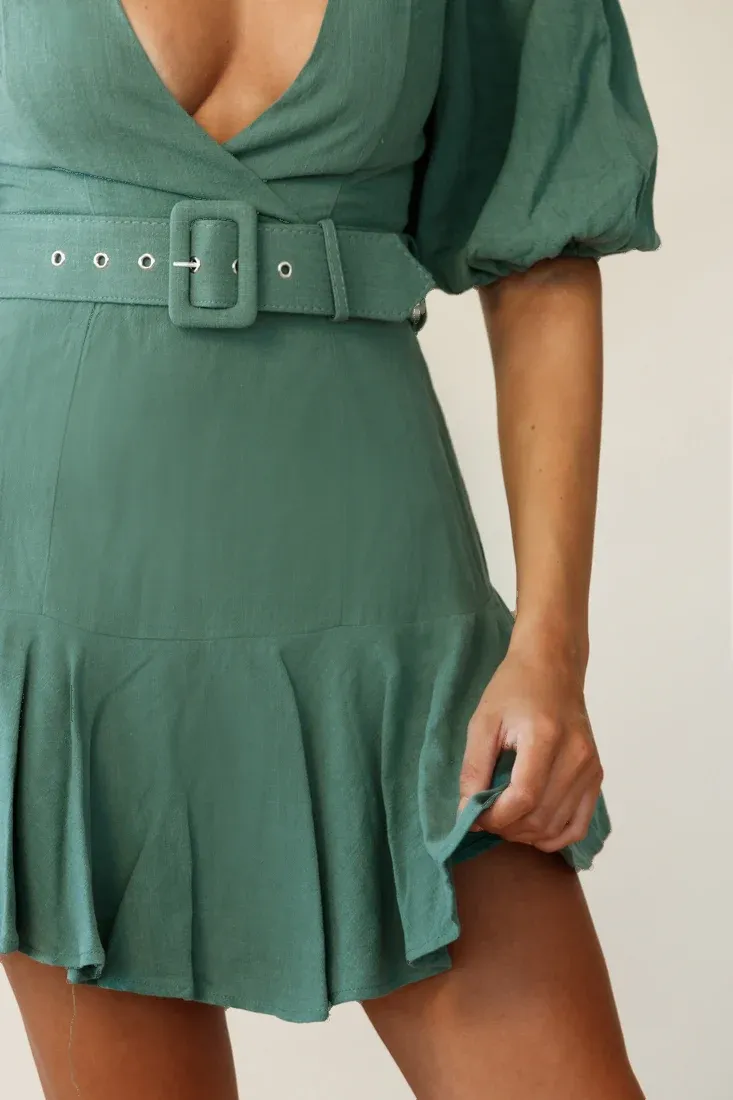 Jardin Half Balloon Sleeve Belted Dress Sage
