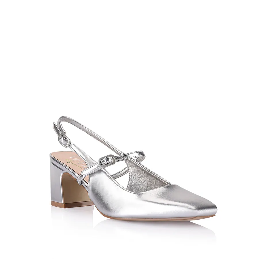 Lolita Slingback Block Heels - Silver Metallic