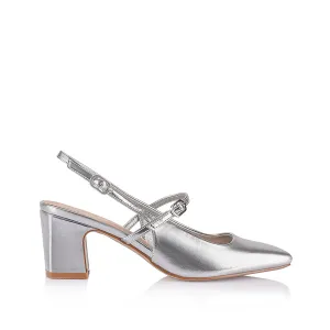 Lolita Slingback Block Heels - Silver Metallic