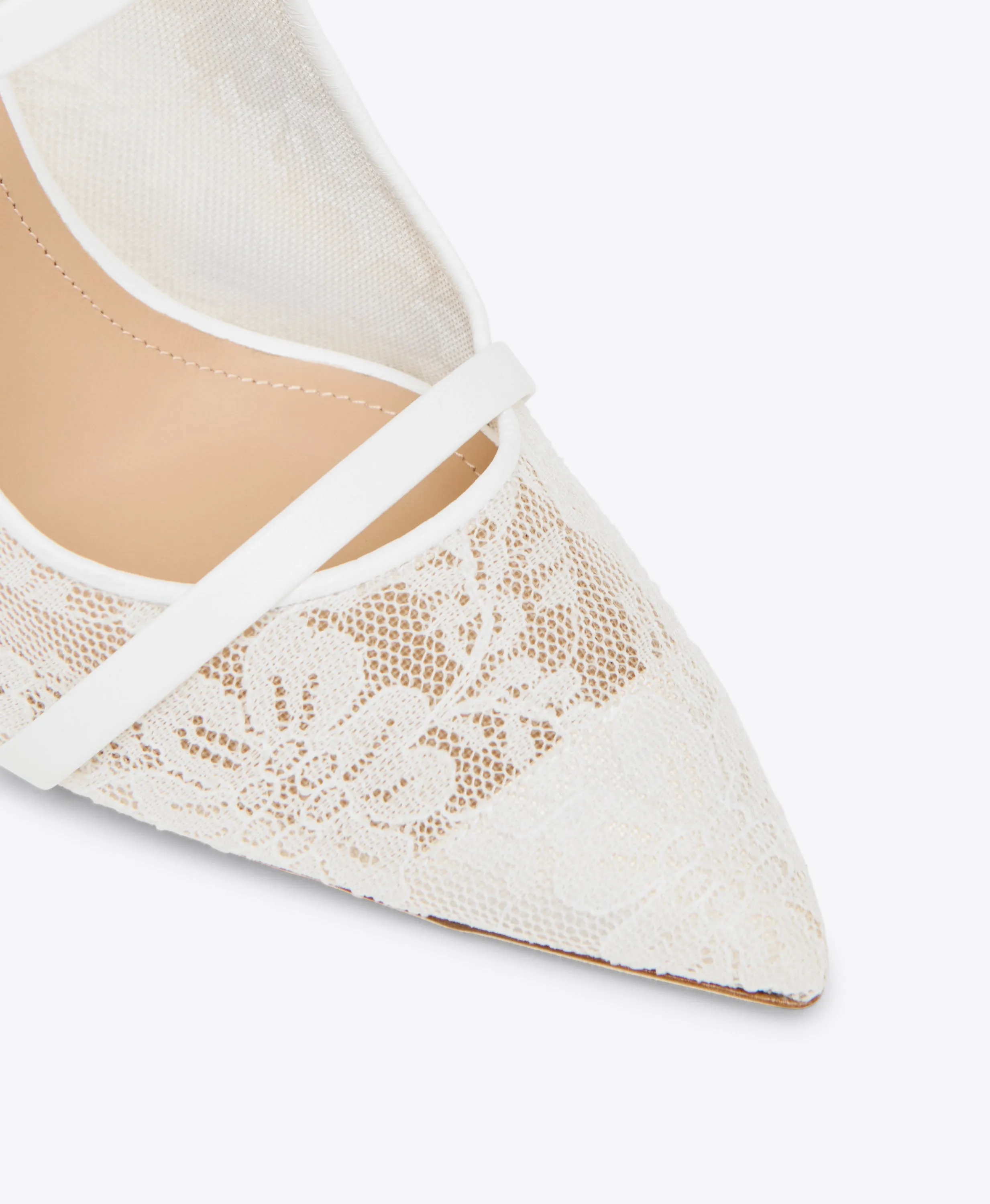 Maureen 85 White Lace Heeled Mules