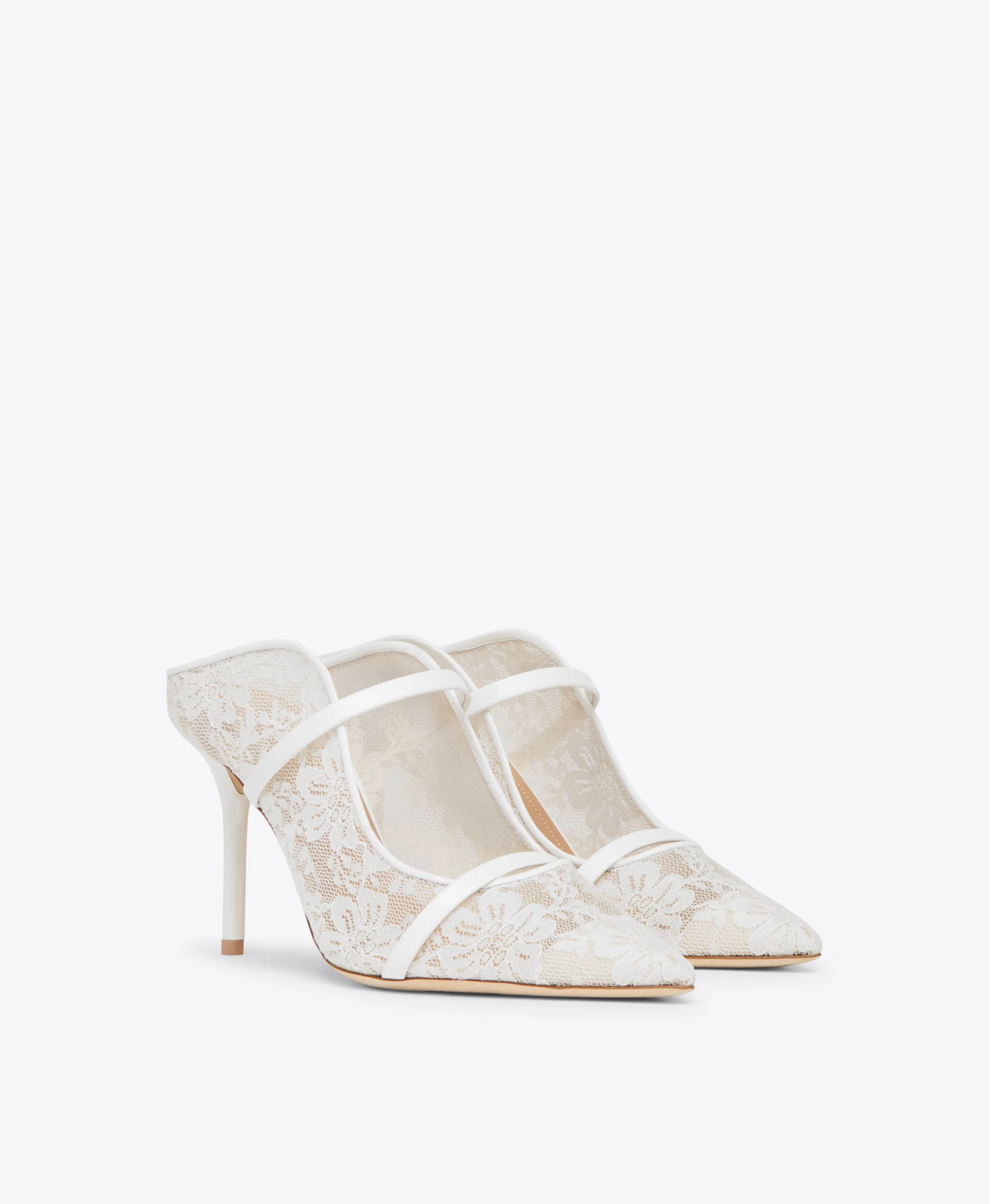 Maureen 85 White Lace Heeled Mules