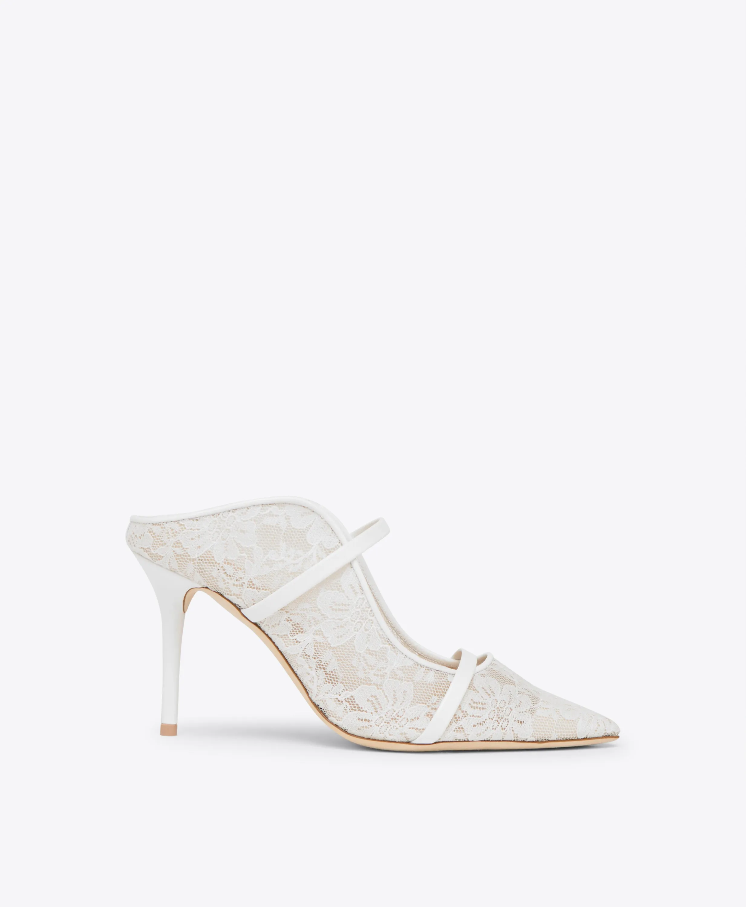 Maureen 85 White Lace Heeled Mules
