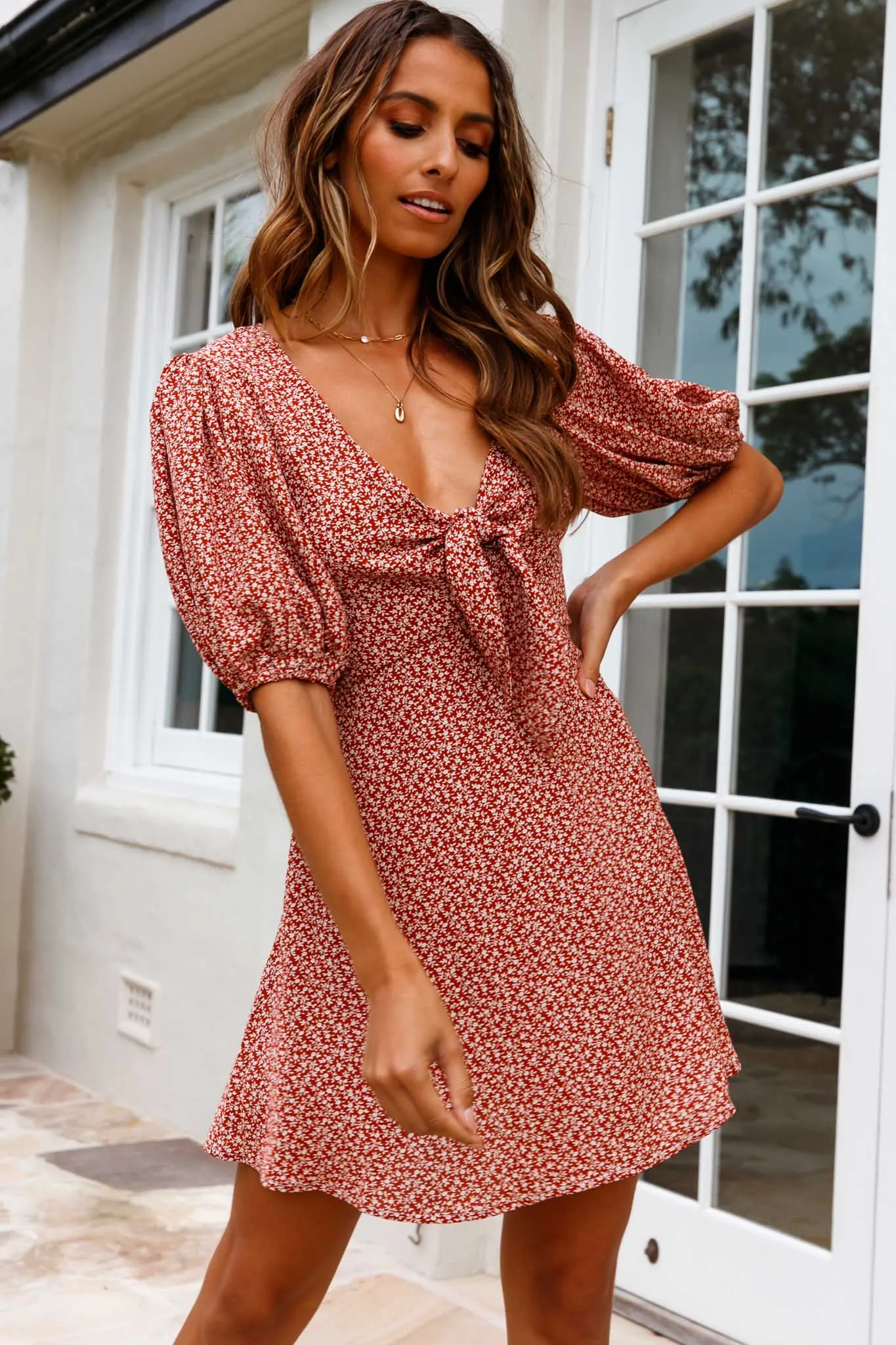 Portia Tied Bust Puff Sleeve Dress Floral Print Rust