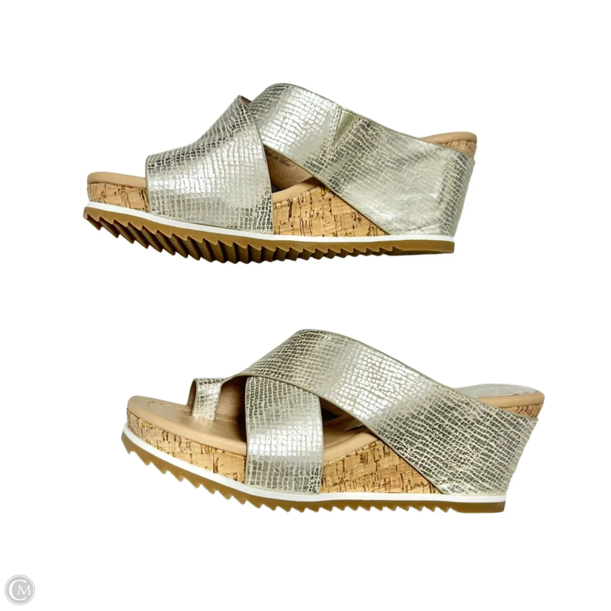 Sandals Heels Wedge By Donald Pliner In Silver & Tan, Size: 8.5