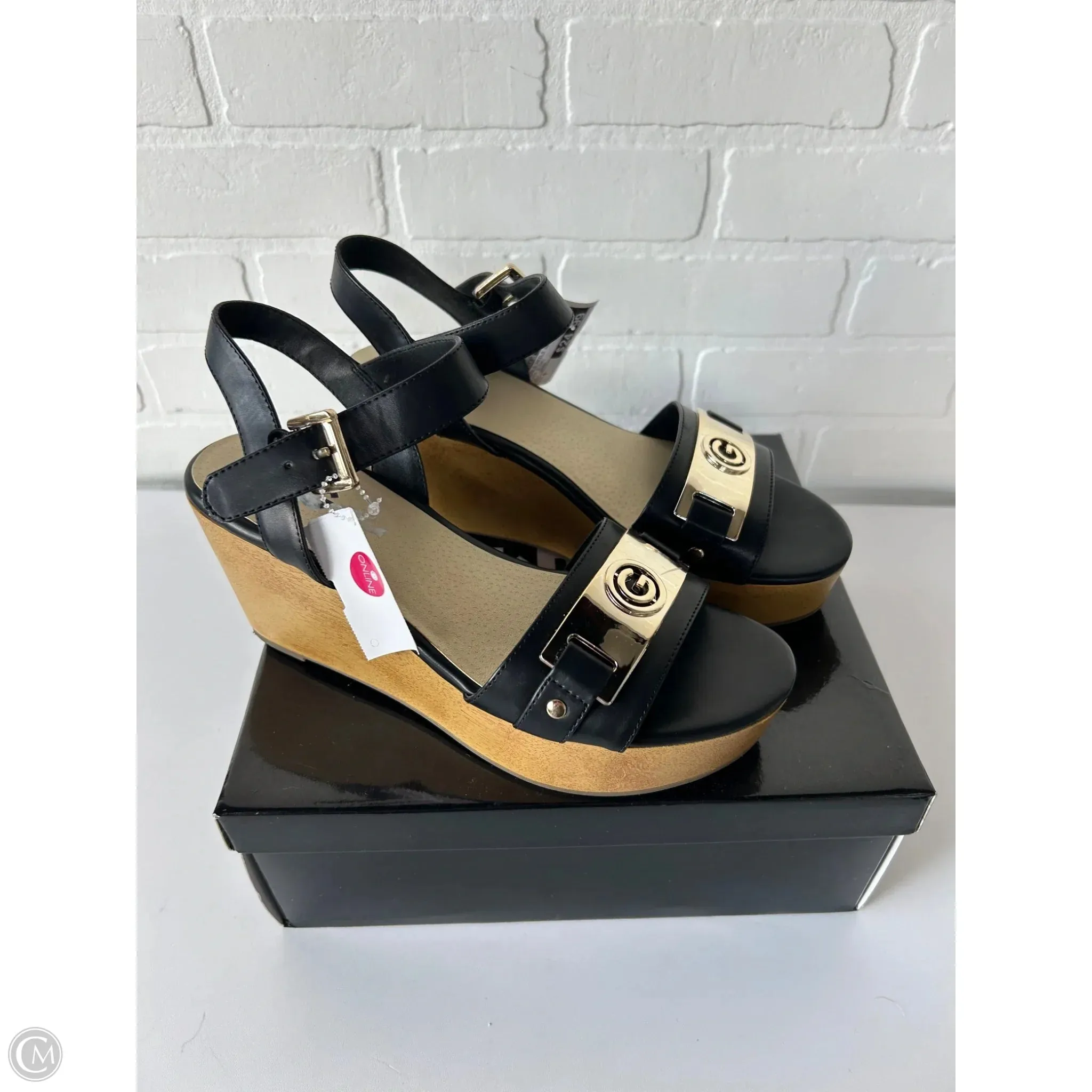 Sandals Heels Wedge By G By Guess In Black & Tan, Size: 9