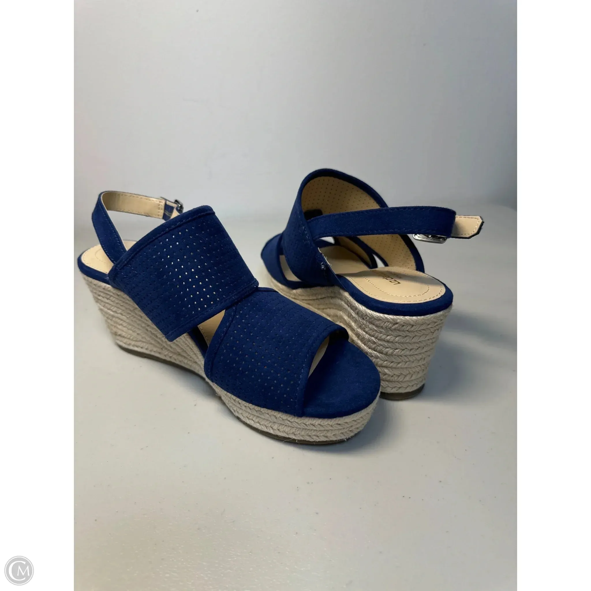 Sandals Heels Wedge By Liz Claiborne In Blue & Cream, Size: 7.5