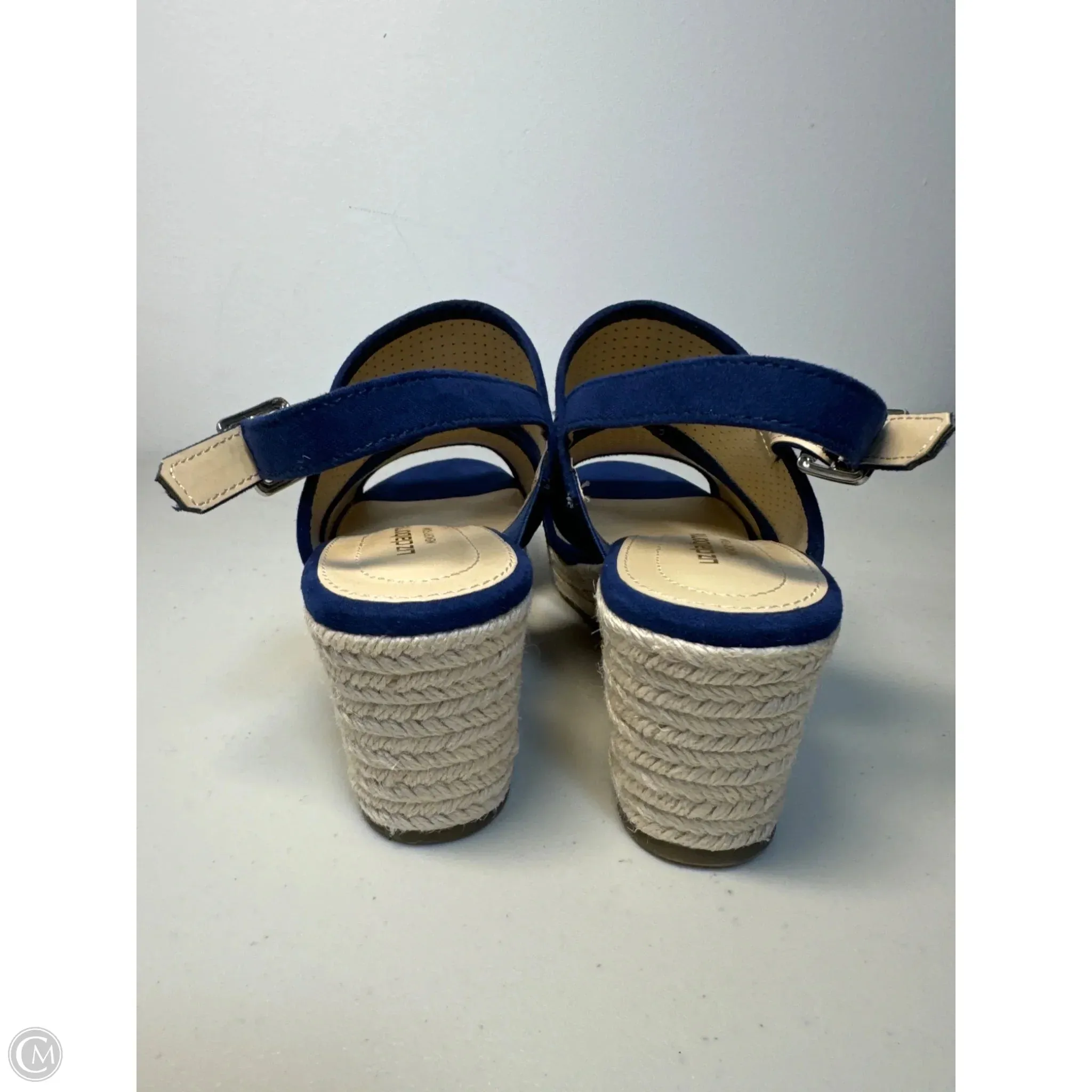 Sandals Heels Wedge By Liz Claiborne In Blue & Cream, Size: 7.5