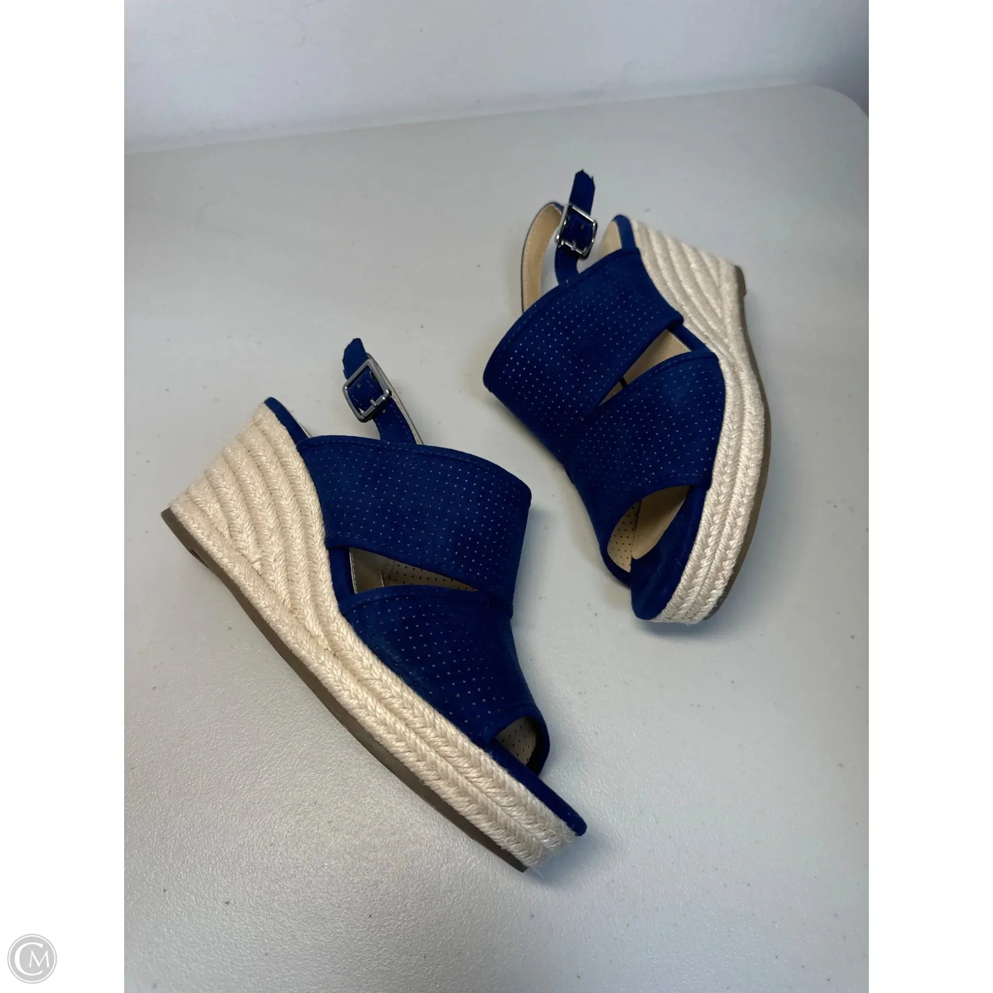 Sandals Heels Wedge By Liz Claiborne In Blue & Cream, Size: 7.5