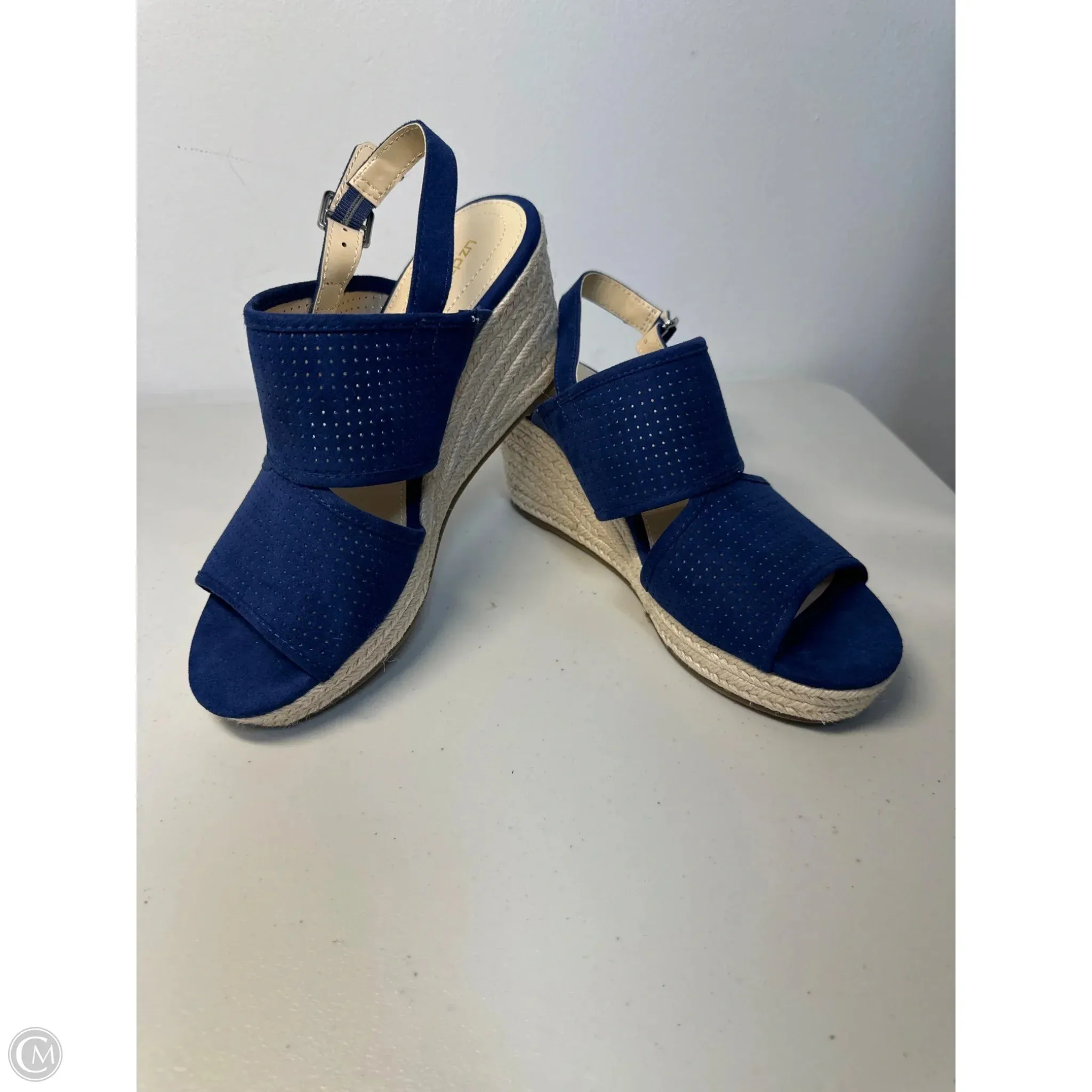 Sandals Heels Wedge By Liz Claiborne In Blue & Cream, Size: 7.5