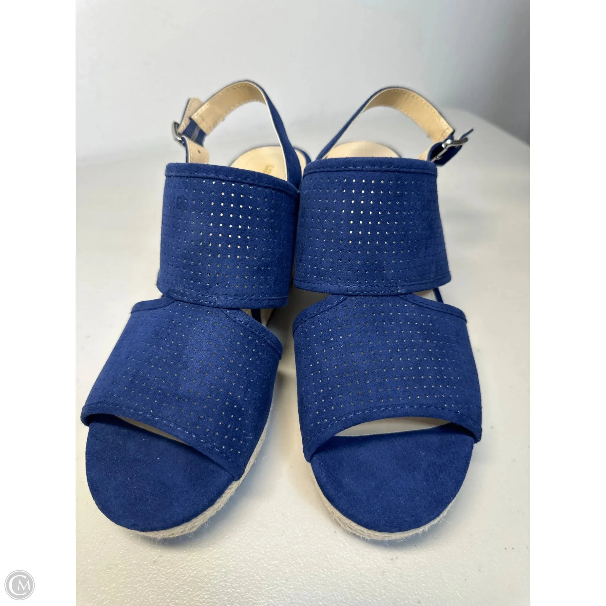 Sandals Heels Wedge By Liz Claiborne In Blue & Cream, Size: 7.5
