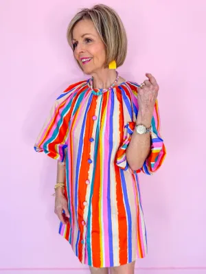 SIGNS OF SPRING STRIPE PUFF SLEEVE DRESS