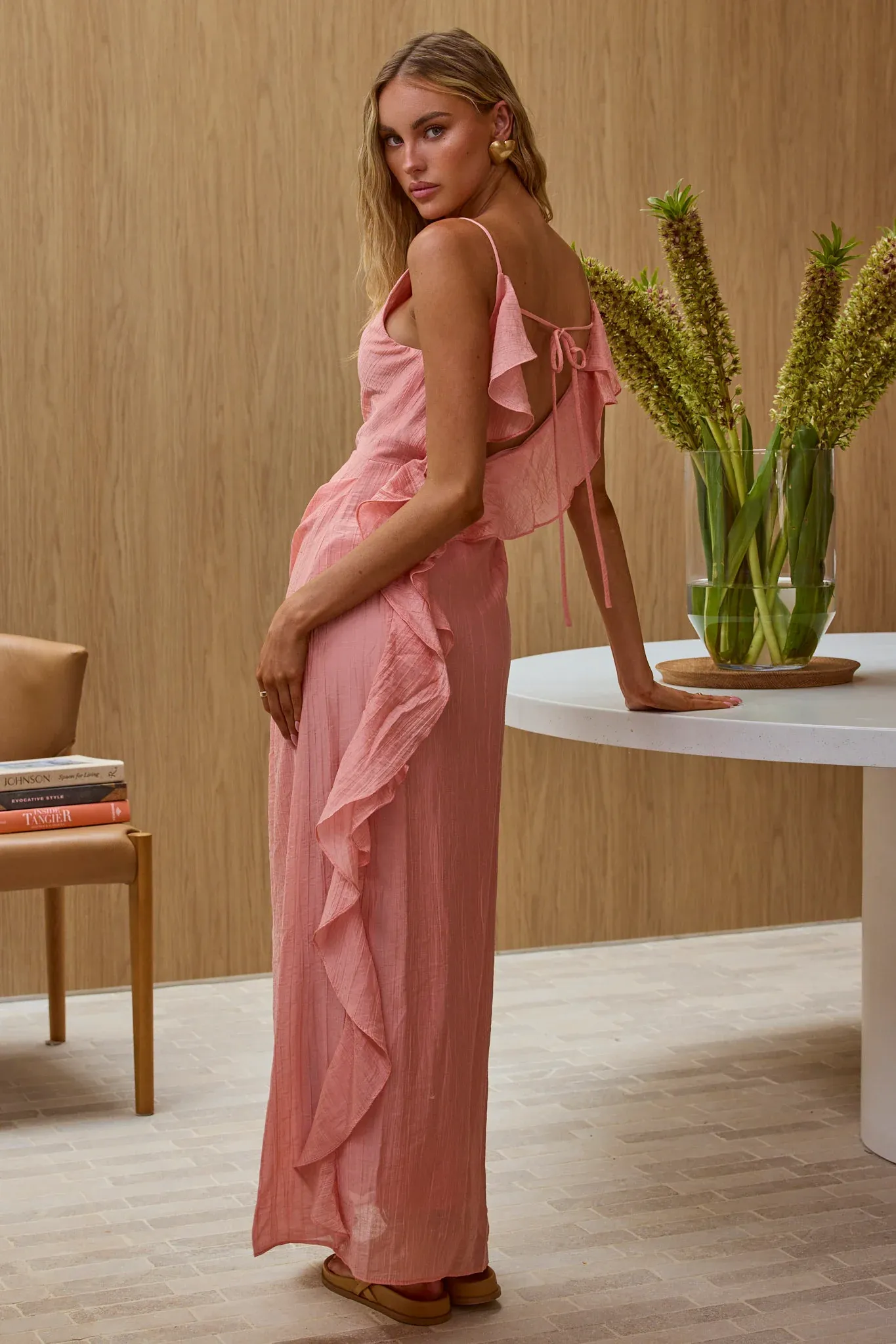 Soul Fires Ruffle Back Maxi Dress Guava