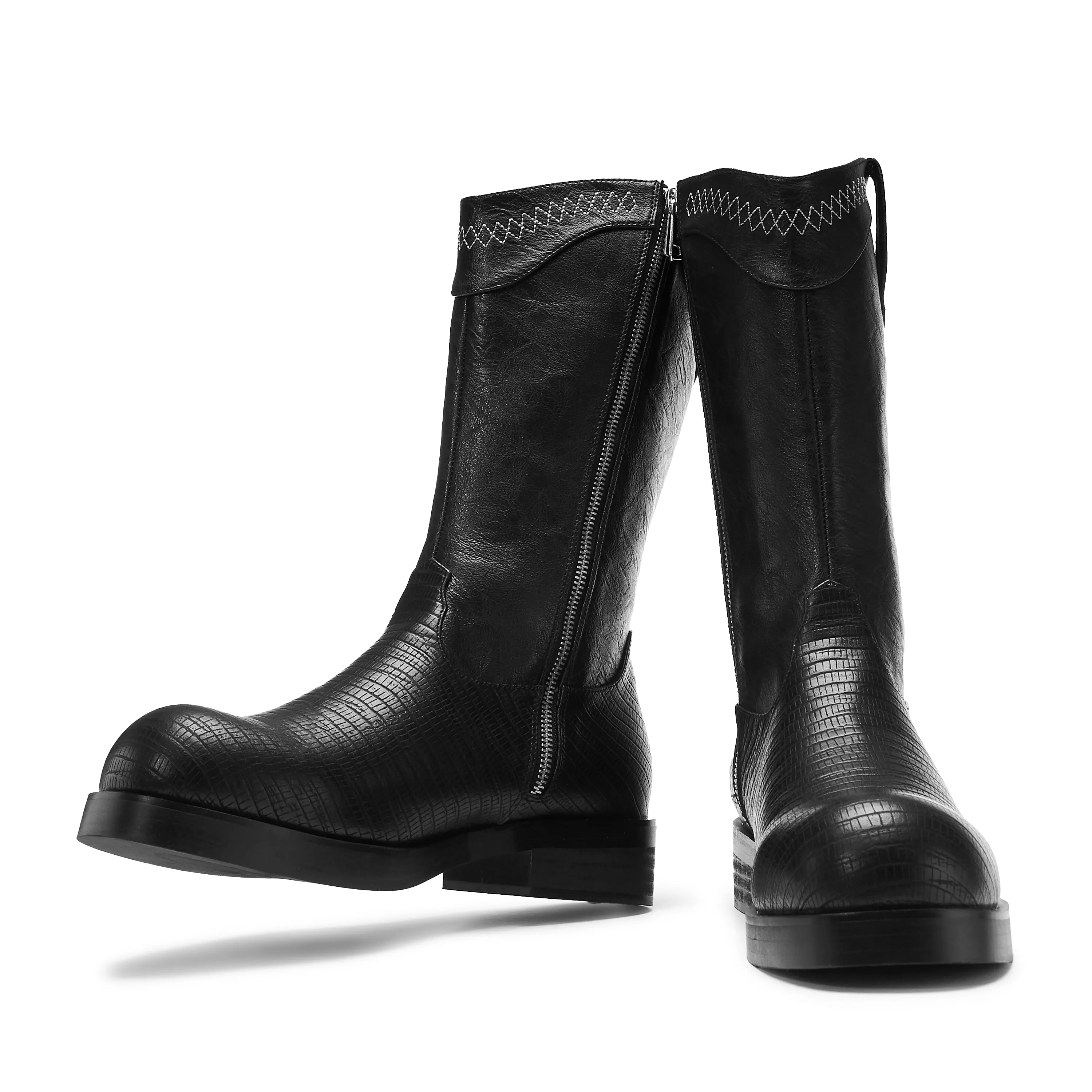The Last Courtship Men's Ornate Stacked Cowboy Boots - Black Lizard