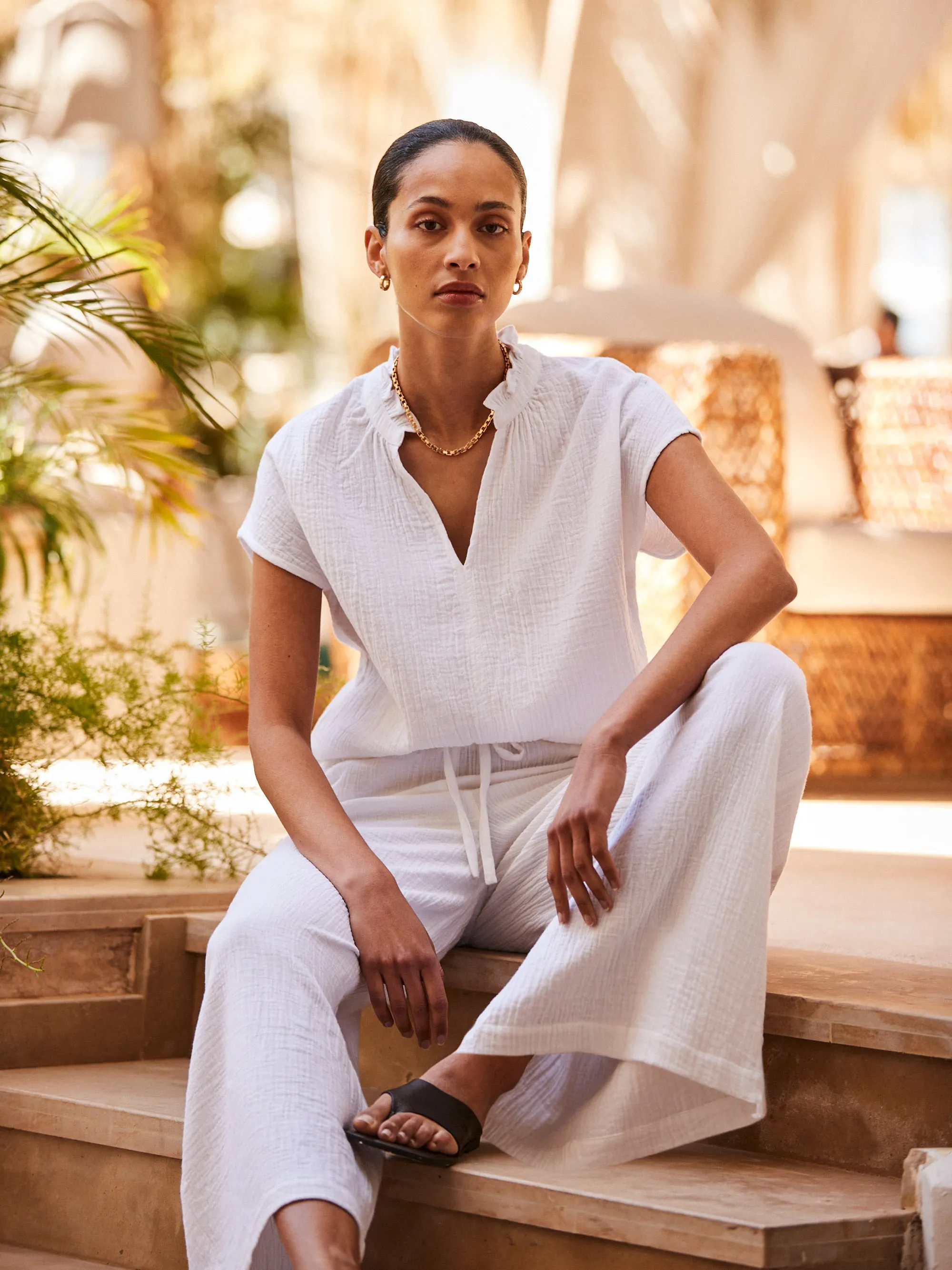 White Cheesecloth Wide-Leg Trousers