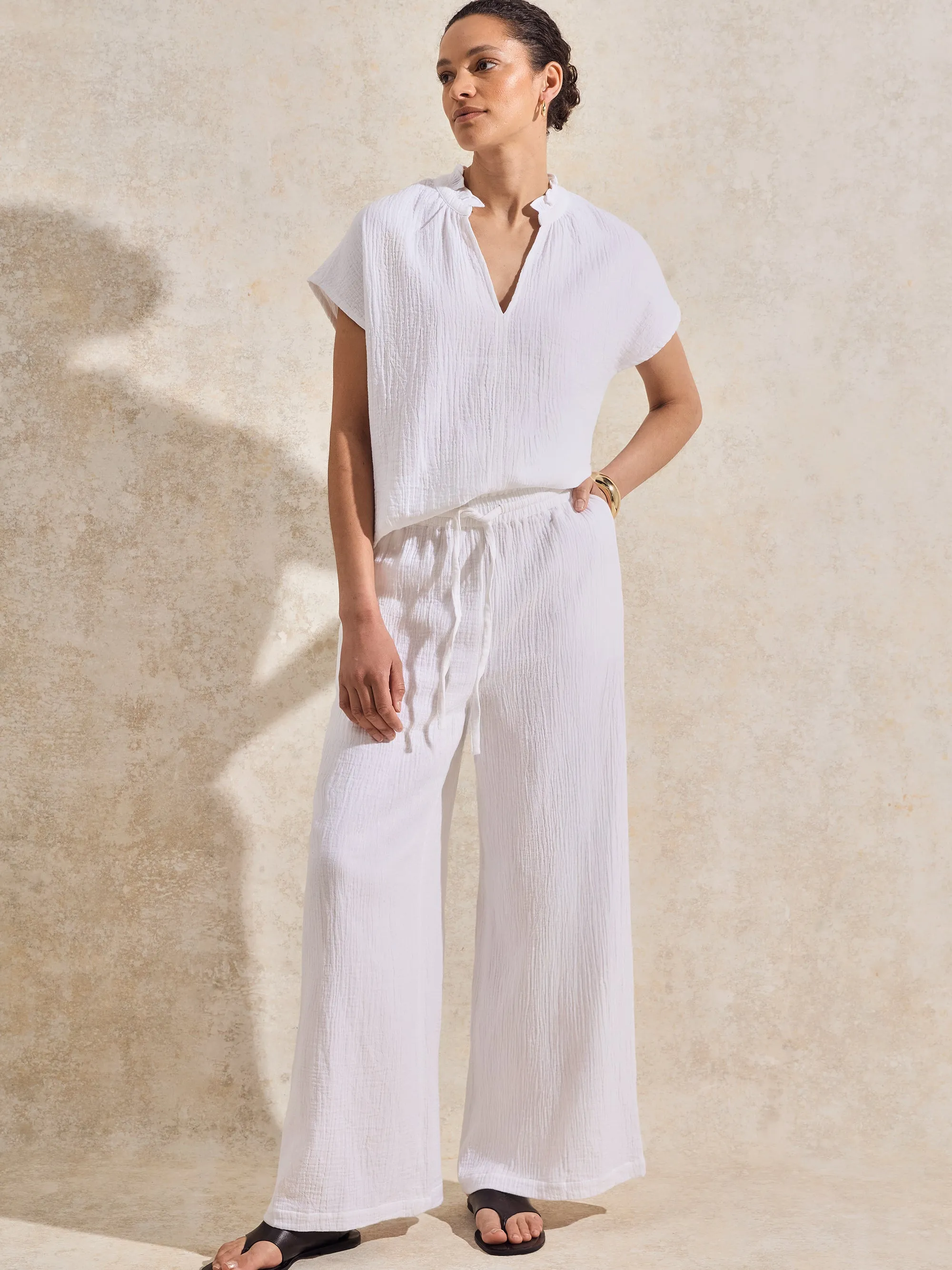 White Cheesecloth Wide-Leg Trousers