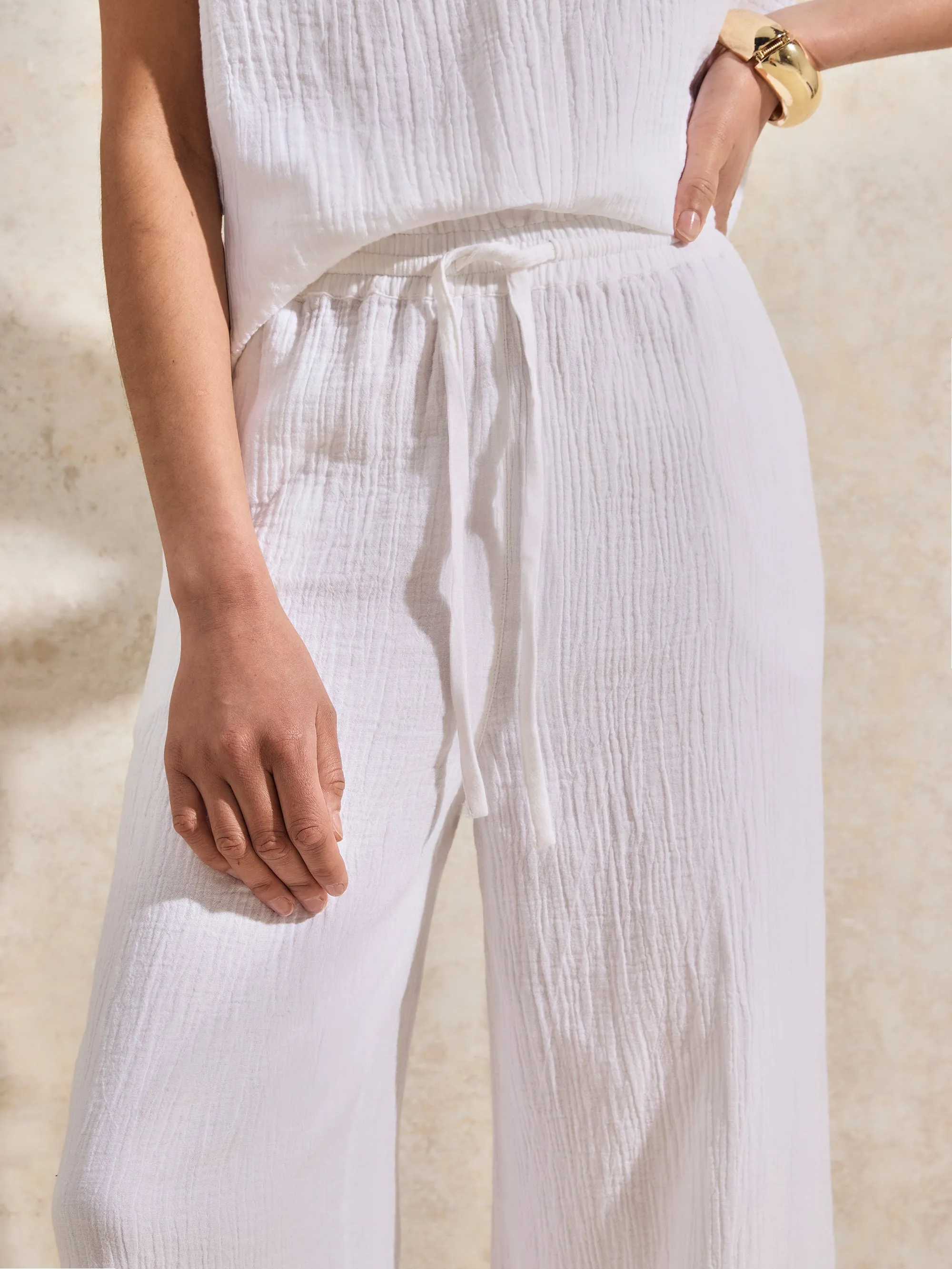 White Cheesecloth Wide-Leg Trousers