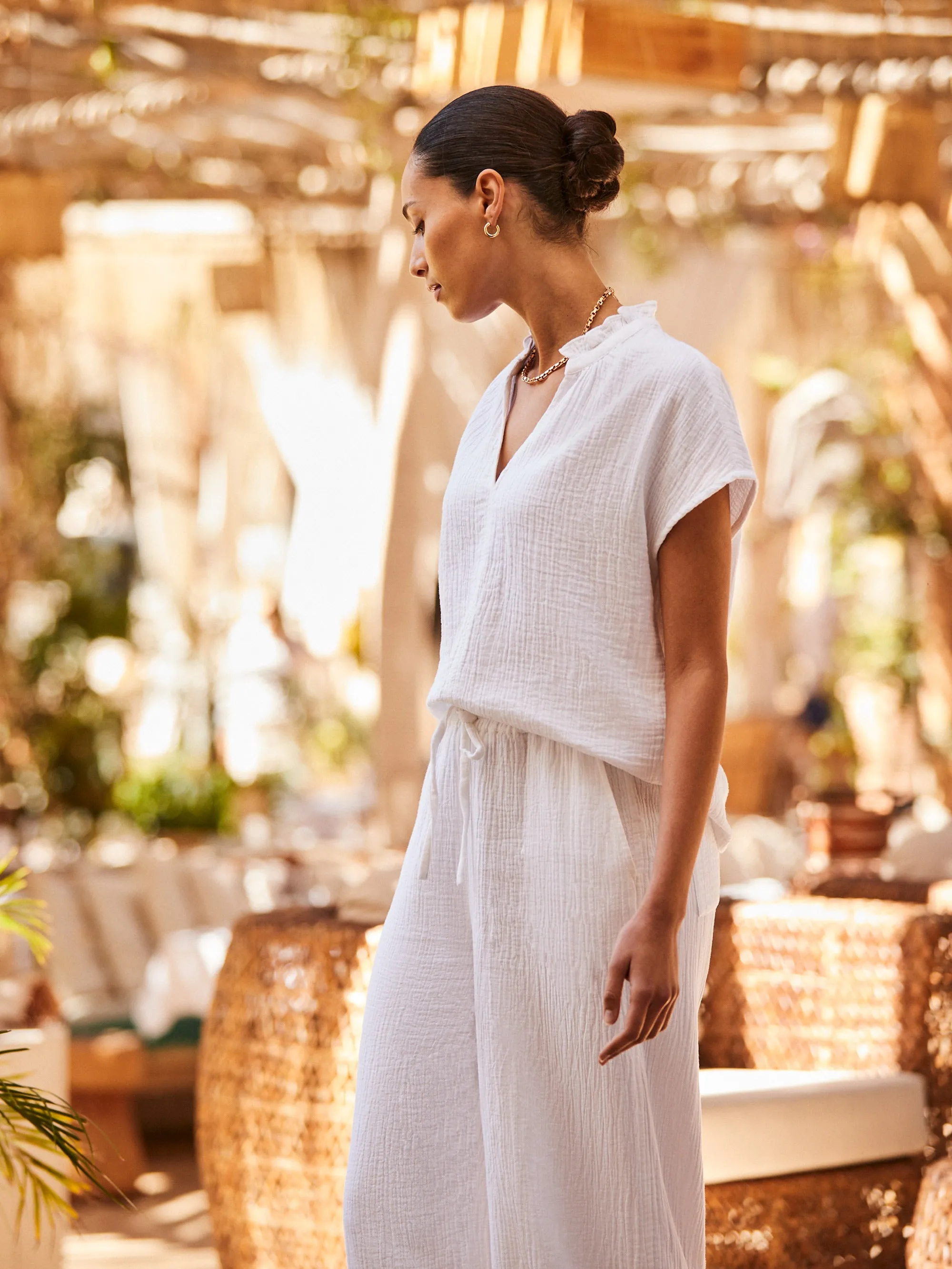 White Cheesecloth Wide-Leg Trousers