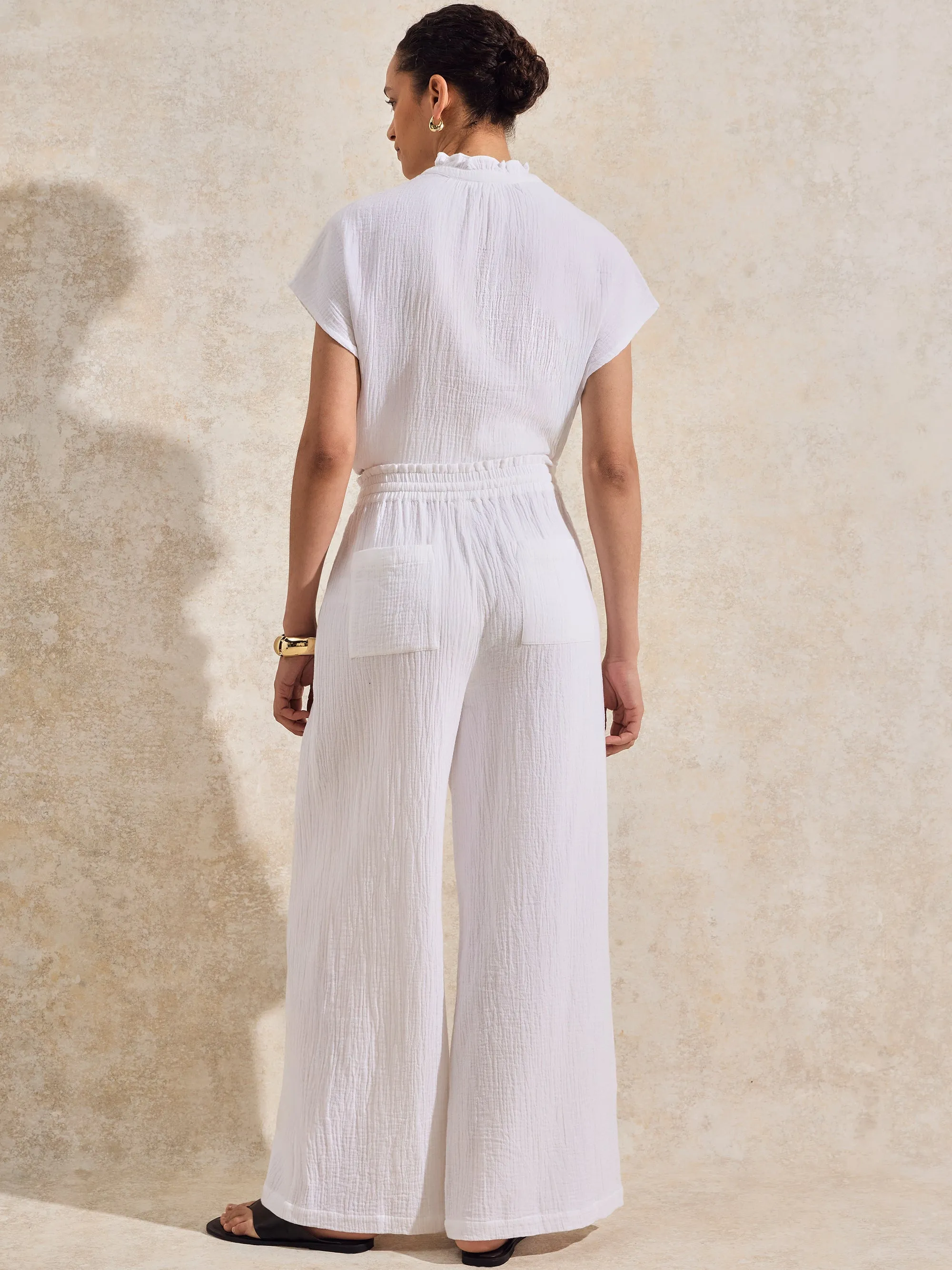 White Cheesecloth Wide-Leg Trousers