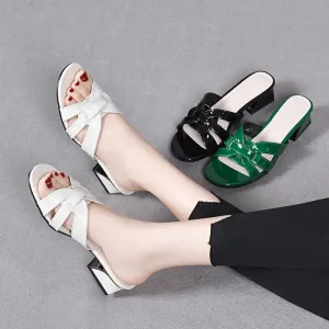 Women Summer Open Toe Chunky Heel Patent Leather Slippers