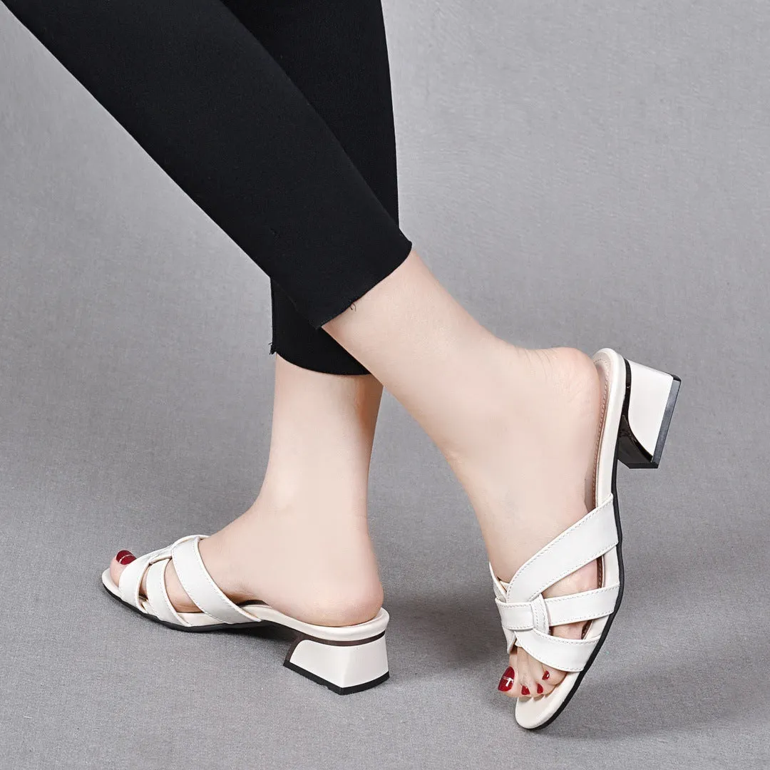 Women Summer Open Toe Chunky Heel Patent Leather Slippers